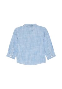 Langarmhemd mit blau-weißen Streifen, Kragen, Knopfmanschetten und geradem Saum. Aus leichtem Stoff gefertigt. Rückansicht gezeigt.