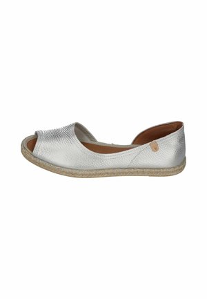 Silver leather flat espadrille shoe with open toe and braided jute sole shown from side on white background.
