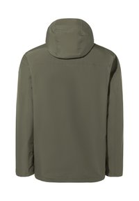 Giacca impermeabile verde oliva con cappuccio, caratterizzata da una texture liscia, un taglio dritto e maniche lunghe. La vista posteriore non mostra alcun marchio visibile.