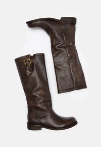 Brown leather knee-high boots with a buckle detail, smooth texture, round toe, and stacked heel. Subtle branding on the side.