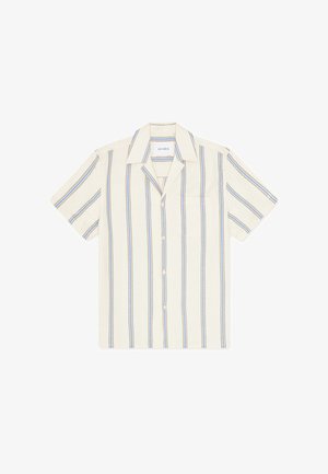Short-sleeve shirt in cream with vertical blue and tan stripes. Features a pointed collar and a chest pocket. Made of lightweight fabric.