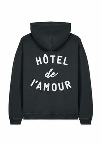 Černá mikina s kapucí vyrobená z bavlny, na zadní straně s velkým bílým grafickým textem "HÔTEL de l'AMOUR", s klasickou kapucí a žebrovanými manžetami.