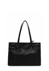 Grande borsa tote nera realizzata in materiale sintetico stropicciato, con manici neri lisci e chiusura a zip, dotata di una forma rettangolare.