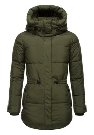 Dunkelgrüne Daunenjacke mit hohem Kragen, Kordelzug in der Taille und gerippten Bündchen. Gequiltete Textur und seitliche Knopf-Taschen.
