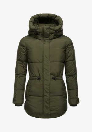 Giacca a vento verde scuro con colletto alto, cordoncino in vita e polsini a costine. Tessuto trapuntato e tasche laterali con bottone.