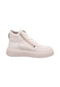 Weiße High-Top-Sneaker aus Leder mit glatter Textur, ausgestattet mit einem seitlichen Reißverschluss, schnürbarem Vorderteil und einer dicken Gummisohle.