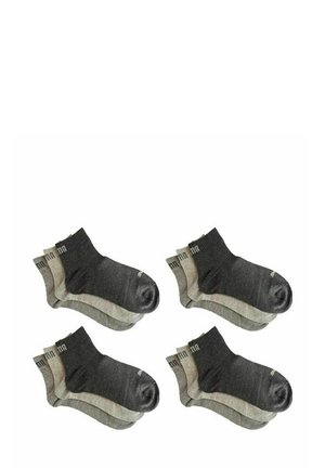 Baumwoll-Sneaker-Socken in Dunkelgrau und Hellgrau, mit einem kontrastierenden Design in mittlerer Höhe und dezenter Markenkennzeichnung. Vier Paare präsentiert.