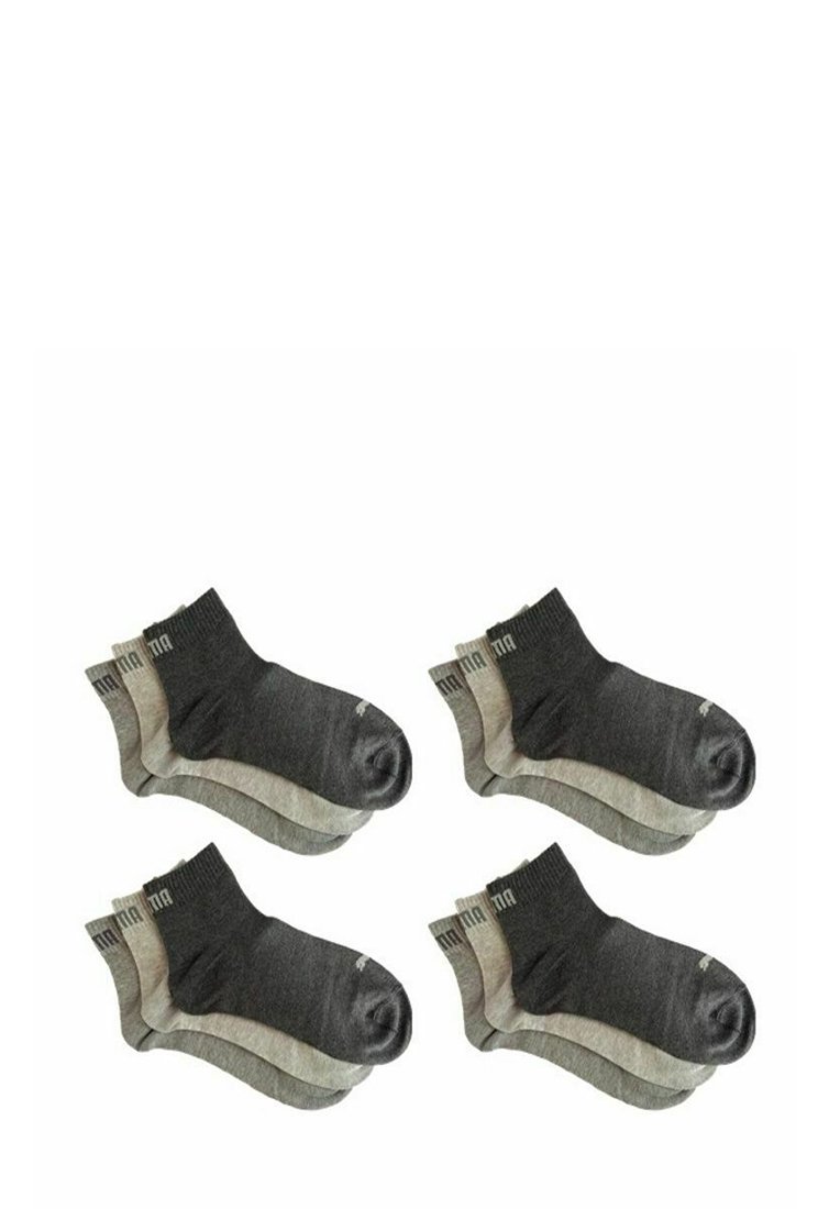 Cotton ankle socks in dark gray and light gray, featuring a contrasting mid-cuff design with subtle branding. Four pairs displayed.