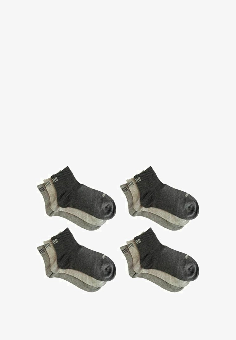Cotton ankle socks in dark gray and light gray, featuring a contrasting mid-cuff design with subtle branding. Four pairs displayed.