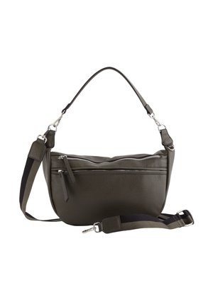 Bolso cruzado de piel verde oscuro con forma redondeada, compartimentos dobles con cremallera, correa ajustable y detalles en metal plateado.
