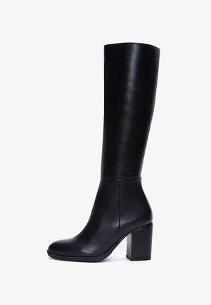 Black knee-high boots made of smooth leather, featuring a square toe, rounded heel, and a fitted silhouette with a polished finish.