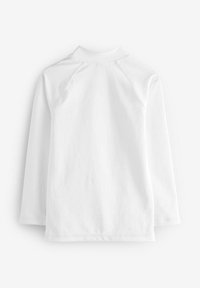 Long-sleeve white top made of lightweight fabric, featuring a high collar and raglan sleeves, with stitched hems and no visible patterns.