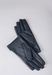 Navy leather gloves with a smooth texture, featuring a design with two prominent padded accents on the backhand and a fitted wrist.