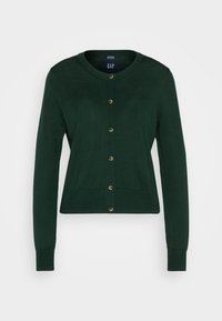 Ciemnozielony kardigan z okrągłym dekoltem, długimi rękawami i zapięciem na guziki z dodatkami w kolorze złotym. Gładka faktura i dopasowany fason.