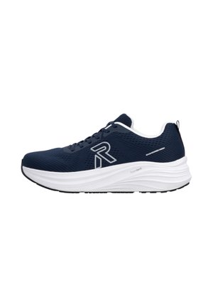 Chaussure de course bleu marine avec semelle blanche coussinée, dessus en mesh, design à lacets et logo de la marque sur le côté.