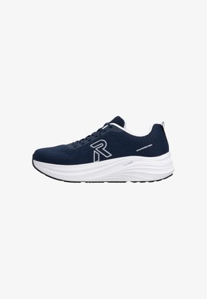 Navy blue running shoe with white cushioned sole, mesh upper, lace-up design, and branded logo on the side.