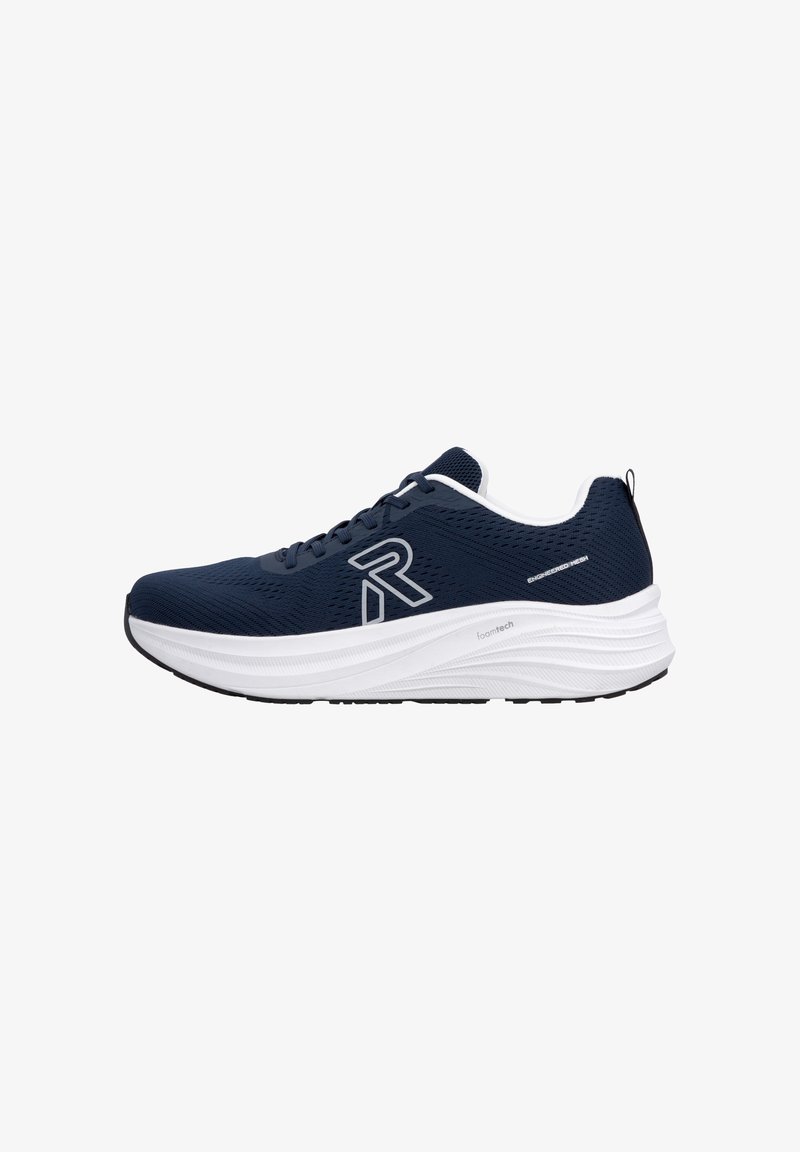 Chaussure de course bleu marine avec semelle blanche coussinée, dessus en mesh, design à lacets et logo de la marque sur le côté.