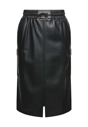 Falda midi de cuero negro con cinturilla elástica, detalle de cordón, dos bolsillos laterales y una abertura central en la parte trasera. Textura suave.