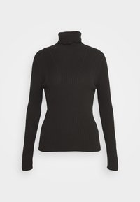 Czarny, prążkowany sweter z wysokim kołnierzem i długimi rękawami, o dopasowanym kroju z delikatnym wykończeniem szwów wzdłuż dekoltu i rękawów.