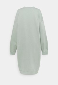 Pitkähihainen collegehamemallinen mekko vaaleanvihreänä, pehmeästä kankaasta valmistettu, ribbauskärjillä ja pyöreällä kaula-aukolla. Yksinkertainen, suora siluetti.