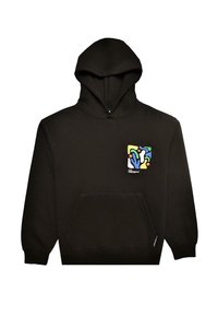 Sudadera negra con un gran bolsillo frontal, que presenta un diseño abstracto colorido en el área del lado izquierdo del pecho y puños acanalados en las mangas.