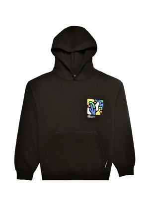 Black hoodie with a large front pocket, featuring a colorful abstract design on the left chest area and ribbed cuffs at the sleeves.