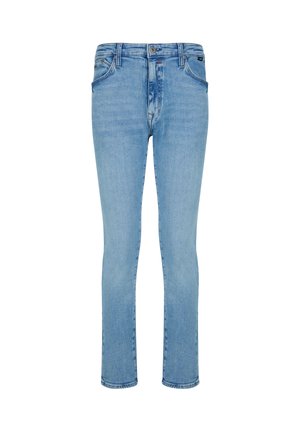 Light blue denim jeans feature a straight leg design, five-pocket style, and a button front closure with a slight faded wash.