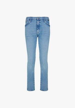 Light blue denim jeans feature a straight leg design, five-pocket style, and a button front closure with a slight faded wash.