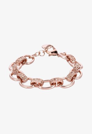 Bracelet chaîne en or rose avec des maillons alternant lisses et sertis de cristaux, fermeture à mousqueton sur fond blanc.