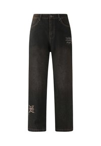 Pantalones de mezclilla negros con corte recto, presentan costuras claras y acentos bordados en la parte frontal. El diseño incluye detalles de logotipo.