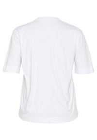T-shirt blanc à manches courtes avec col rond. Tissu en coton doux, coupe décontractée, la vue arrière présente un design lisse, sans embellissements ni motifs.