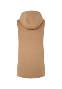Ärmlös huva väst i mjukt, beige tyg. Har en rundad huva och en slät, strukturerad yta. Enkelt, rent design utan ytterligare detaljer.