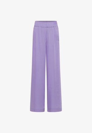 Fliederfarbene, weit geschnittene Hose mit elastischem Bund und seitlichen Taschen, aus leichtem Stoff gefertigt.