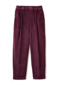 Burgundy corduroy trousers with an elastic waistband, featuring vertical ridges, wide-leg design, and two side pockets.