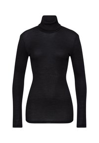 Schwarzer Rollkragenpullover aus geripptem Stoff, mit langen Ärmeln und einer figurnahen Passform. Keine sichtbaren Muster oder Akzente.