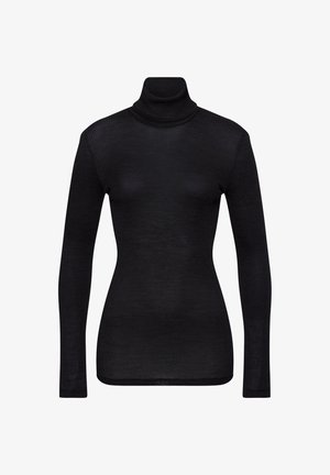 Black turtleneck sweater made of ribbed fabric, featuring long sleeves and a fitted design. No visible patterns or accents.