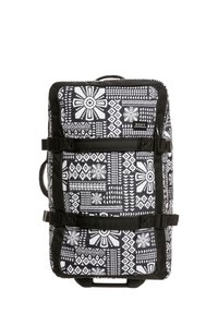Czarny i biały plecak w geometryczny wzór, z teleskopową rączką i regulowanymi paskami zapewniającymi pewne zapięcie.