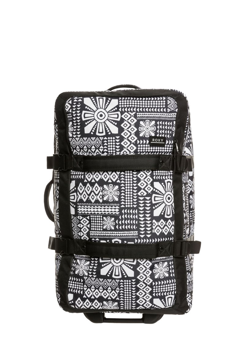 Czarny i biały plecak w geometryczny wzór, z teleskopową rączką i regulowanymi paskami zapewniającymi pewne zapięcie.