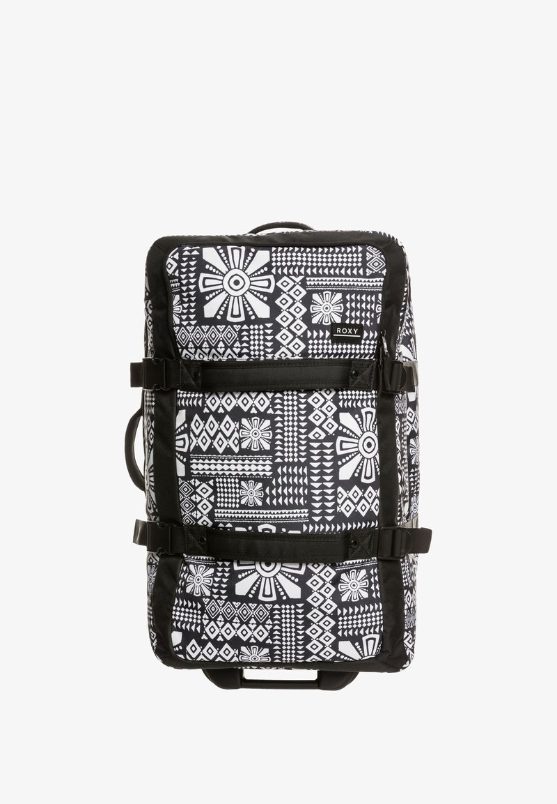 Czarny i biały plecak w geometryczny wzór, z teleskopową rączką i regulowanymi paskami zapewniającymi pewne zapięcie.