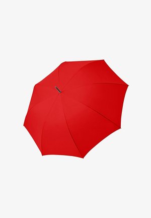 Rode paraplu met een glad stoffen doek, ronde handgreep en een klassieke koepelvorm, ontworpen voor bescherming tegen regen of zon.