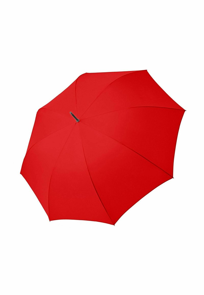 Rode paraplu met een glad stoffen doek, ronde handgreep en een klassieke koepelvorm, ontworpen voor bescherming tegen regen of zon.