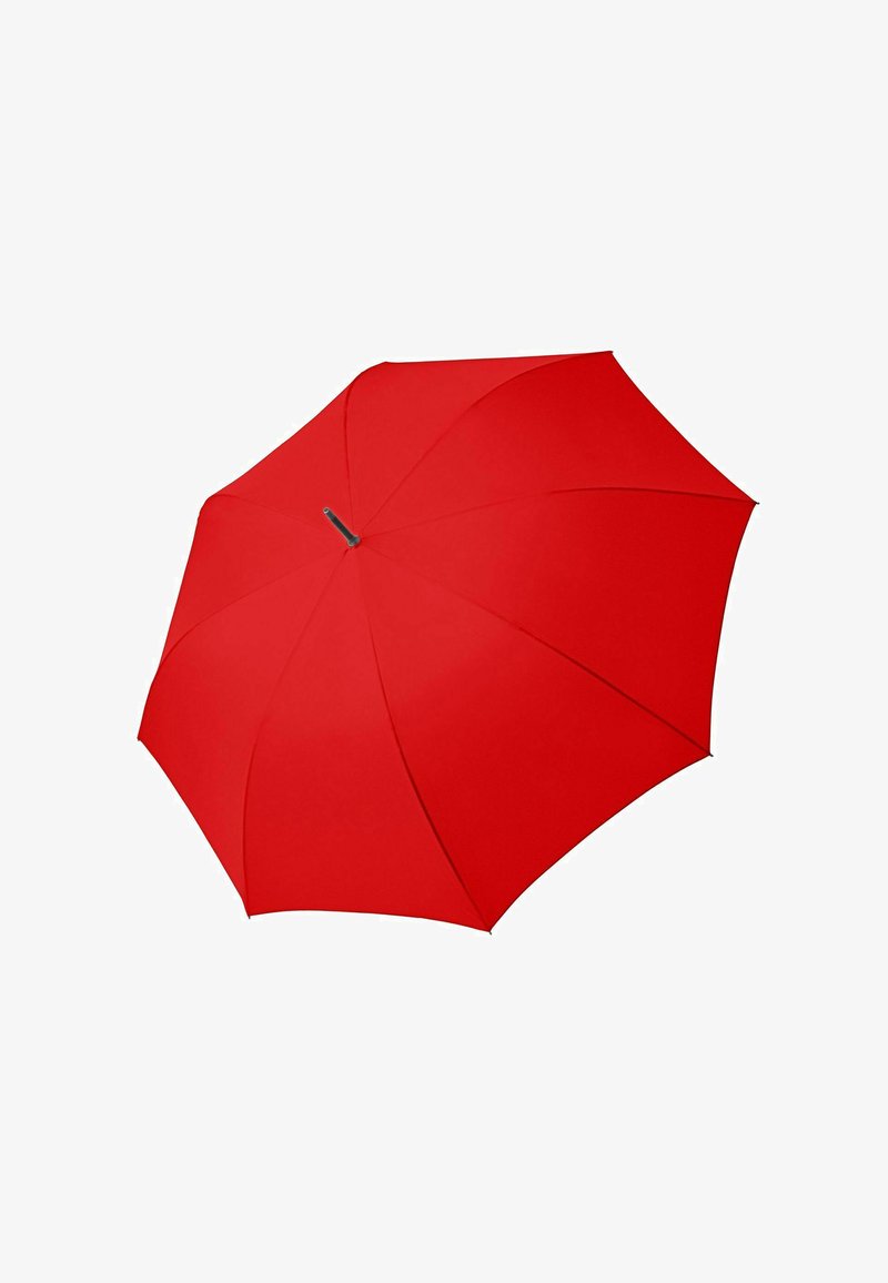 Rode paraplu met een glad stoffen doek, ronde handgreep en een klassieke koepelvorm, ontworpen voor bescherming tegen regen of zon.