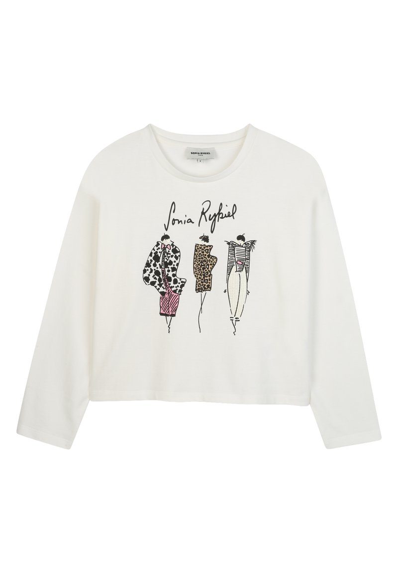Crop top bianco a maniche lunghe in cotone con schizzi di moda artistici in nero, rosa e stampa leopardata, con il testo "Sonia Rykiel" sopra.
