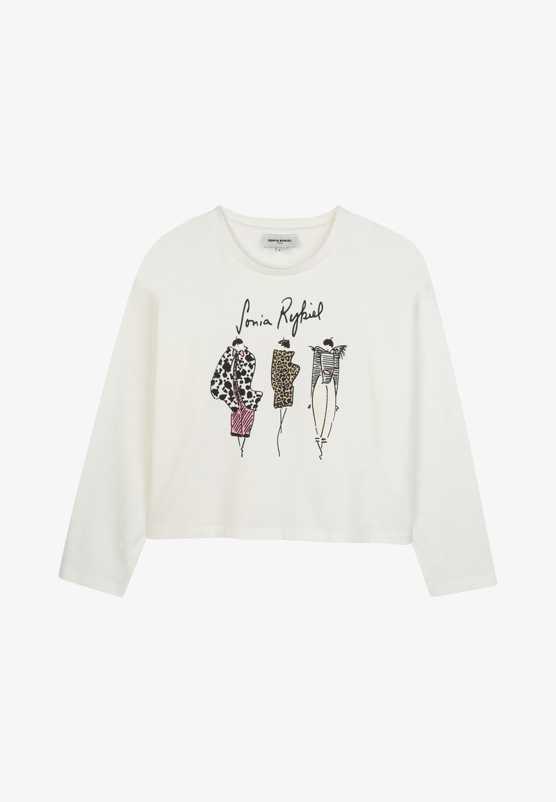 Witte lange mouw katoenen crop top met artistieke modesketches in zwart, roze en luipaardprint met de tekst "Sonia Rykiel" erboven.