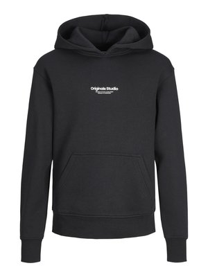 Melnā kapucēta jakā, kas izgatavota no kokvilnas sajaukuma, ar priekšējo kabatu, pielāgojamu kapuci un baltu "Originals Studio" teksta dizainu.