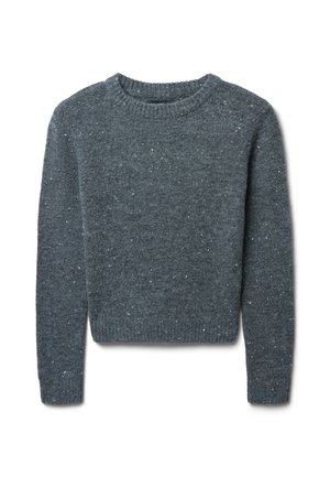 Maglione grigio lavorato a maglia con colletto rotondo, caratterizzato da una trama marmorizzata e polsini e orlo a costine.
