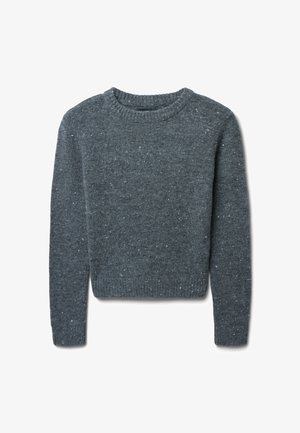 Maglione grigio lavorato a maglia con colletto rotondo, caratterizzato da una trama marmorizzata e polsini e orlo a costine.