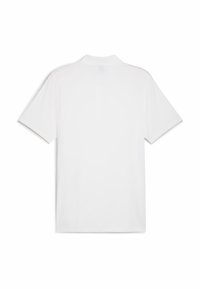 Hvid polo skjorte lavet af glat stof med korte ærmer og klassisk krave. Har et ensfarvet design uden synlige logoer eller mønstre.