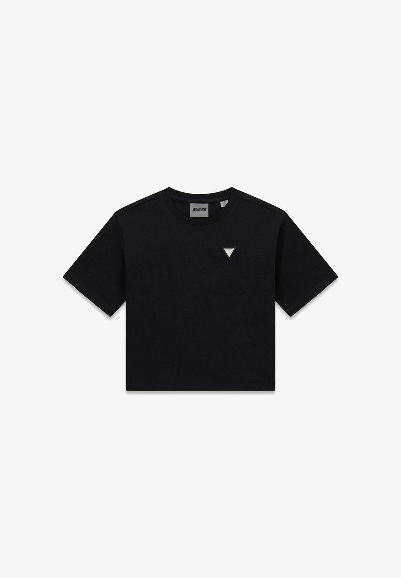 T-shirt court noir à manches courtes avec col rond et petit logo triangulaire sur le côté gauche de la poitrine.
