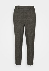 Dunkelgraue karierte Tailored-Hosen mit Gürtelschlaufen und einer schmalen, leicht taillierten Passform vor einem einfarbigen Hintergrund.